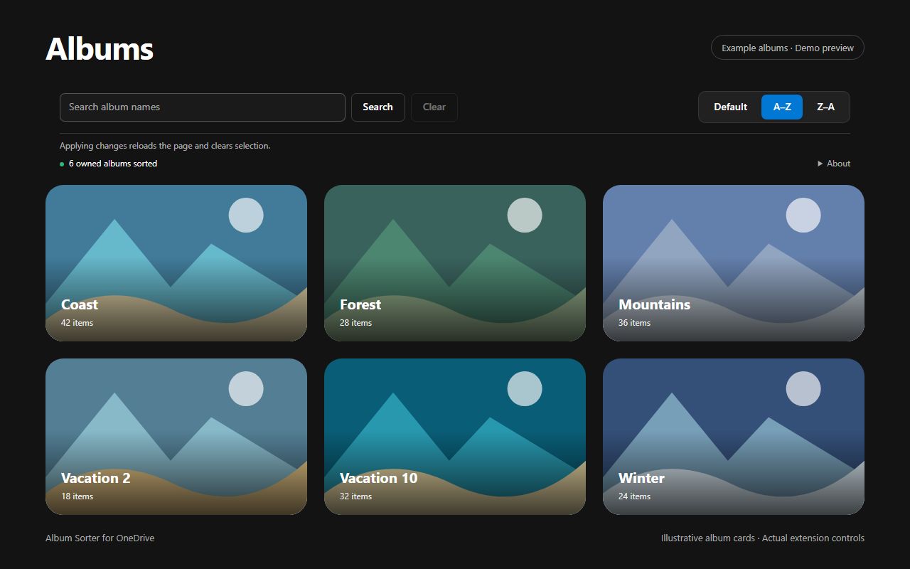 Demo of the actual search and sorting controls: Search album names, Search, Clear, and A–Z selected above fictional albums