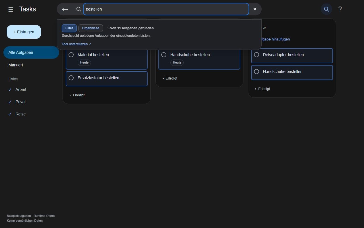 Header search and overlaid results dropdown with fictional tasks